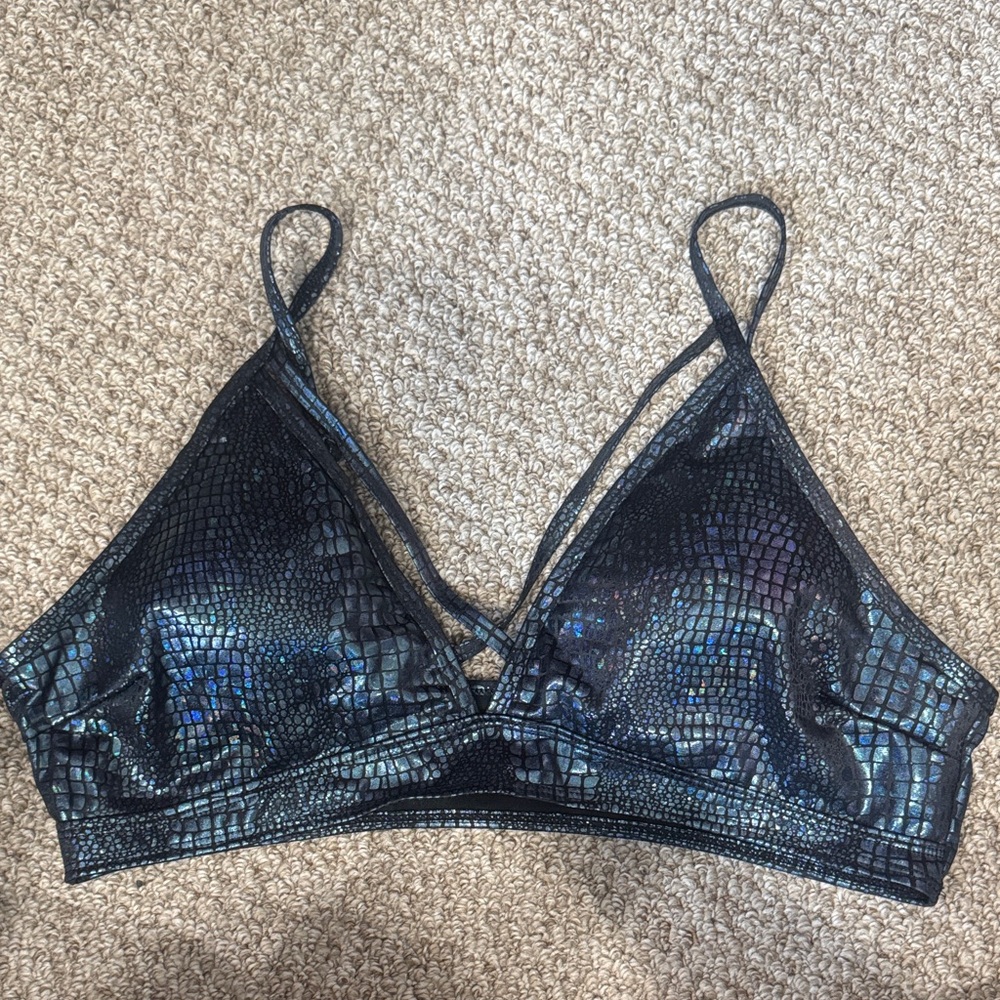 Black Iridescent Crocodile Print Swim Top